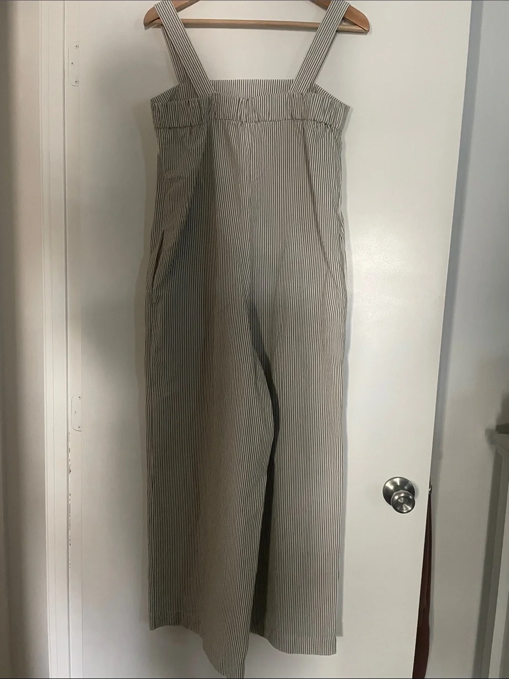 Uniqlo White and Green Pinstripe Wide-Leg Jumpsuit